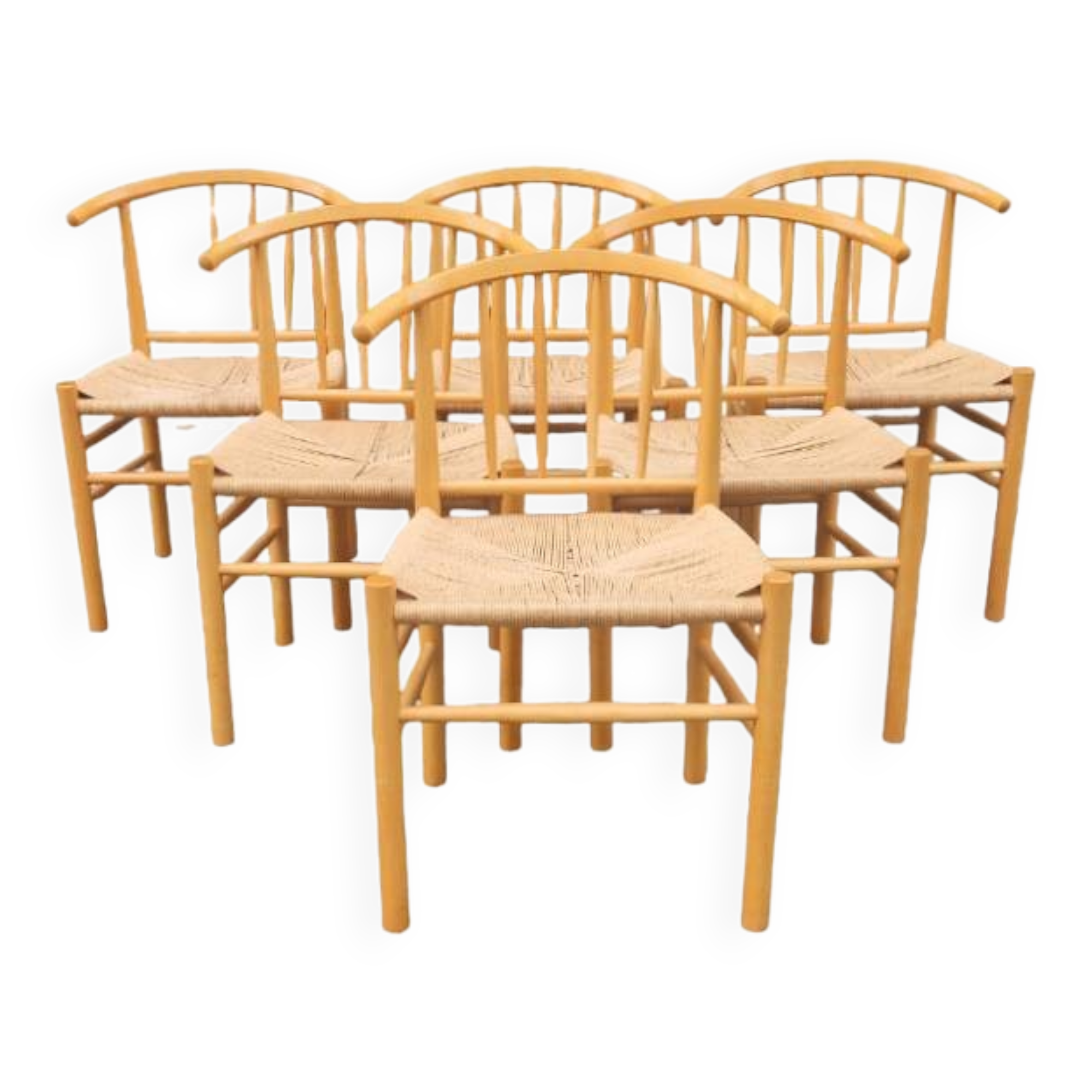 Set of six Scandinavian chairs, in natural wood and rope, Erik Ole Jorgensen, Kvist publisher