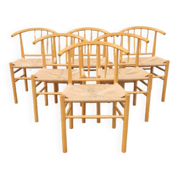 Set of six Scandinavian chairs, in natural wood and rope, Erik Ole Jorgensen, Kvist publisher