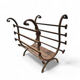 Vintage black wrought iron fireplace log holder / 1960s