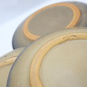 Set of 3 bluish and ochre plates in stoneware Arts Ceram Grand Feu