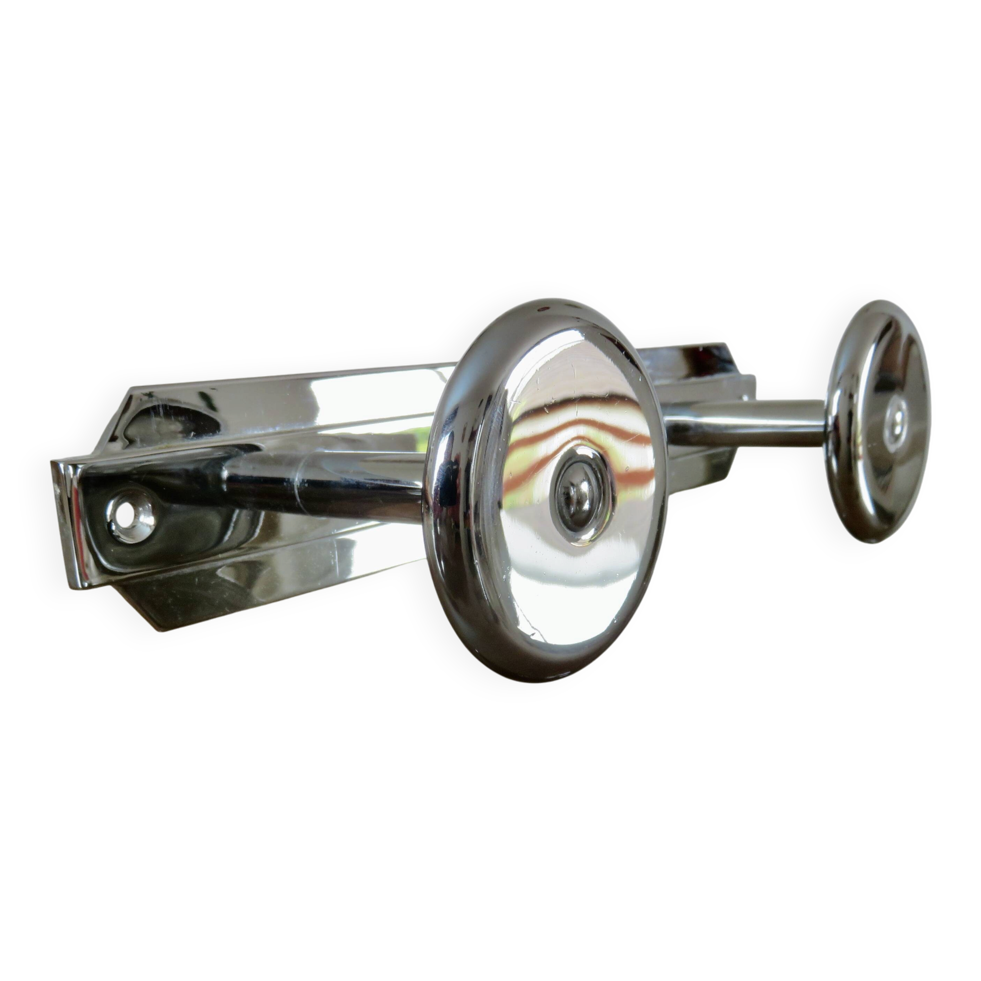 Wall-mounted coat rack in chrome brass, Art Deco, 2 hooks, 1940s 50s