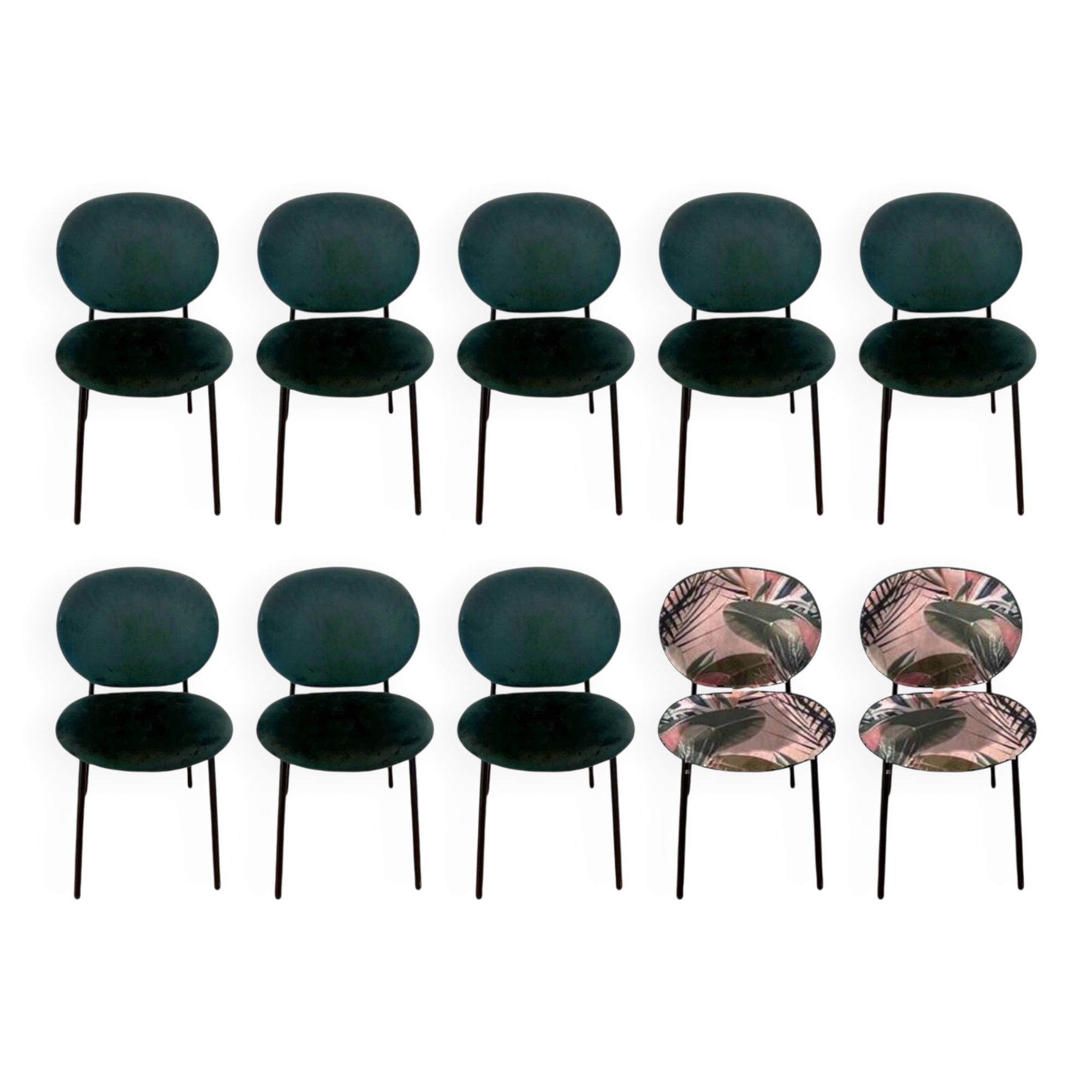 Set of 10 Calligaris Ines chairs in green velvet and tropical fabric.