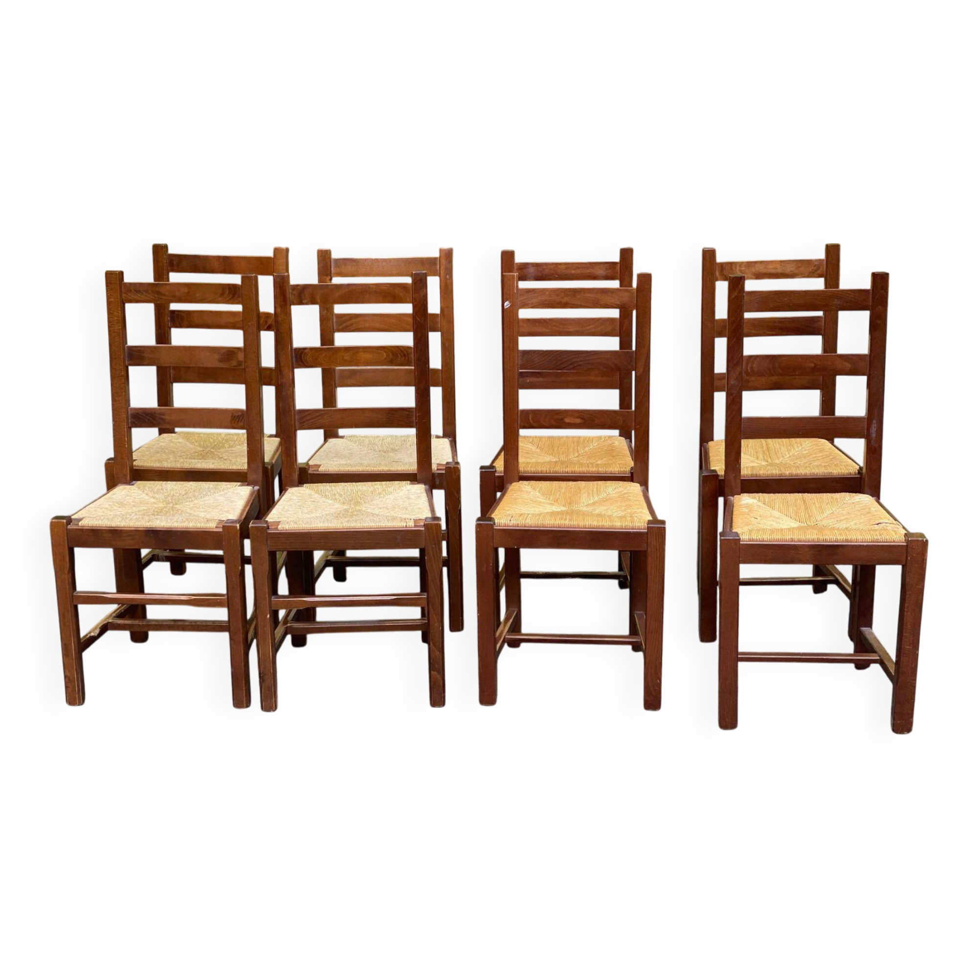 8 solid wood dining chairs with straw seats, farmhouse style