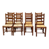 8 solid wood dining chairs with straw seats, farmhouse style