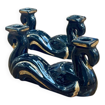 Paire de bougeoirs en céramique de Vallauris noir et or des années 70