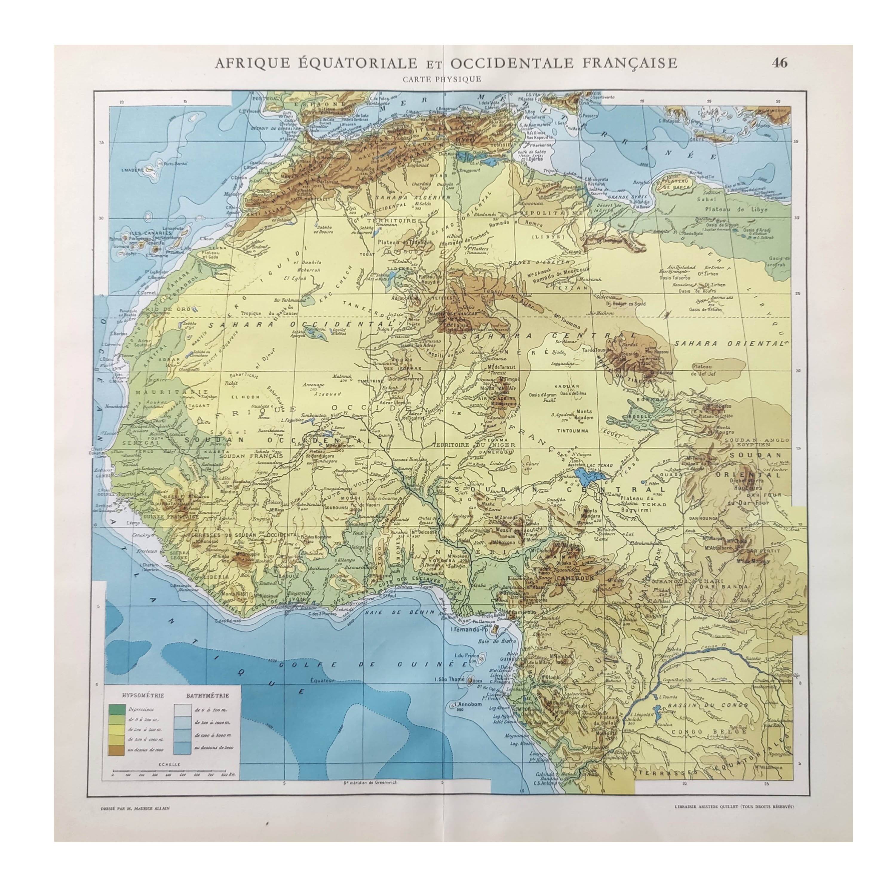 Antique map of French equatorial and western Africa in 1950 43x43cm