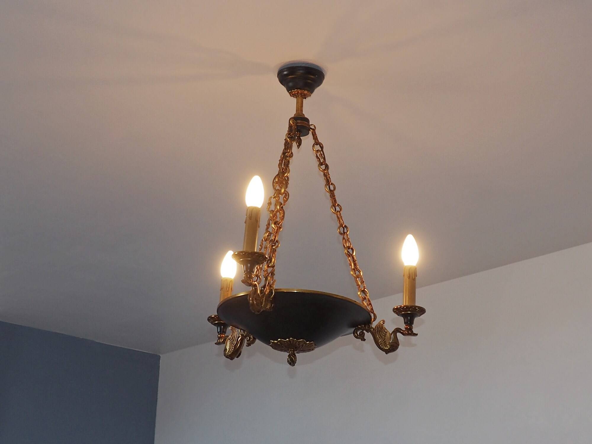 Lucien Gau French Empire Bronze Candlestick: Swan Arms, Green Tole