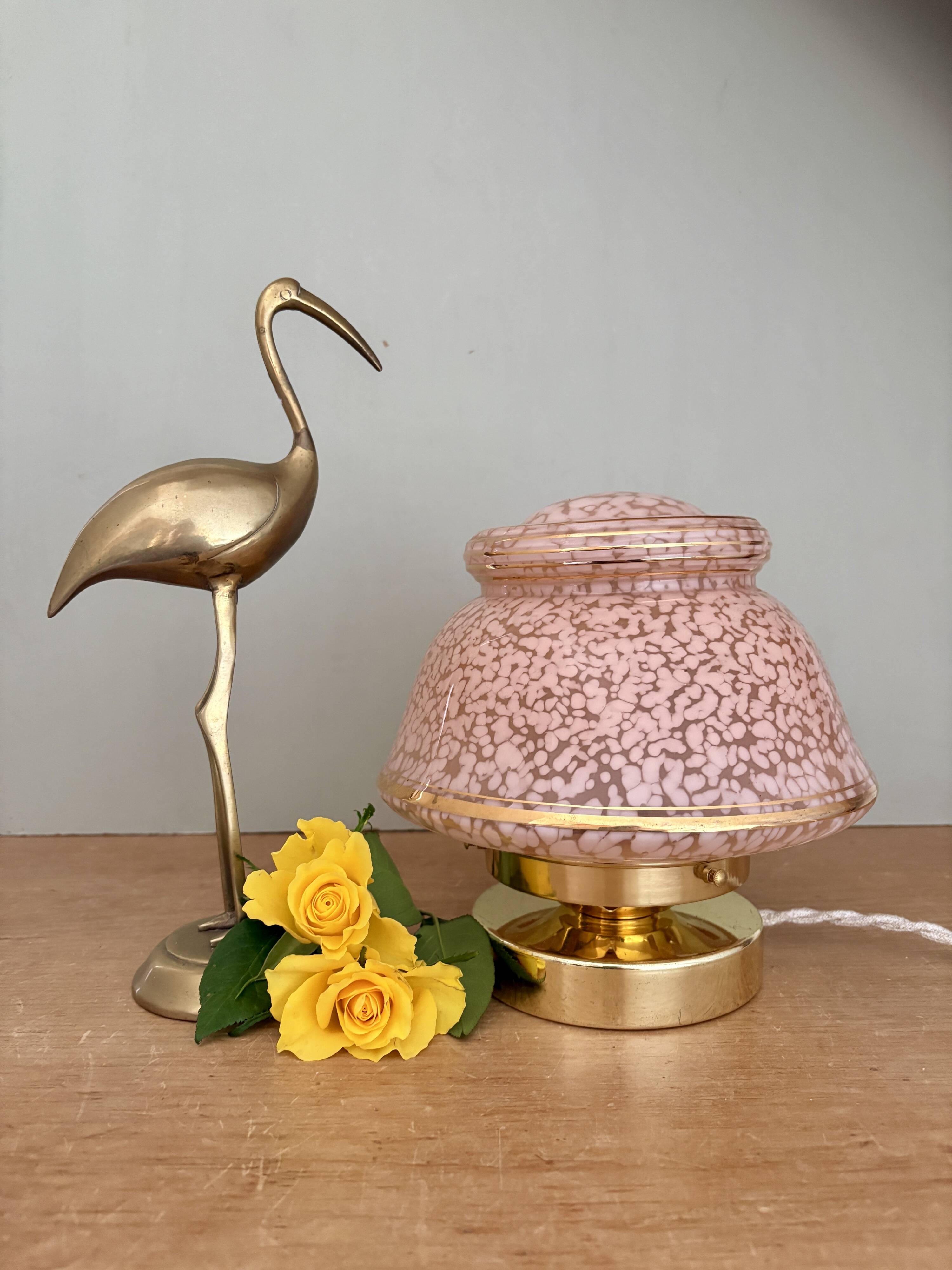 Antique art deco globe table lamp in pink and gold Clichy glass