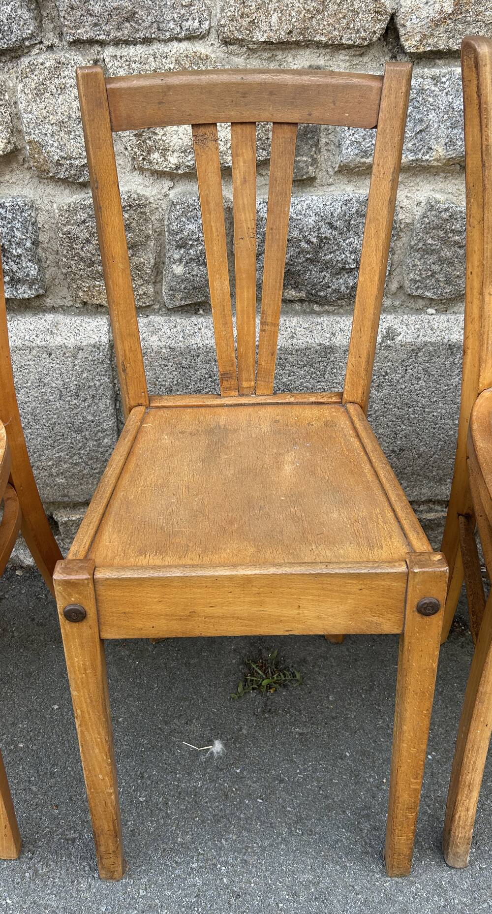 Set of 5 mismatched vintage blond wood bistro chairs
