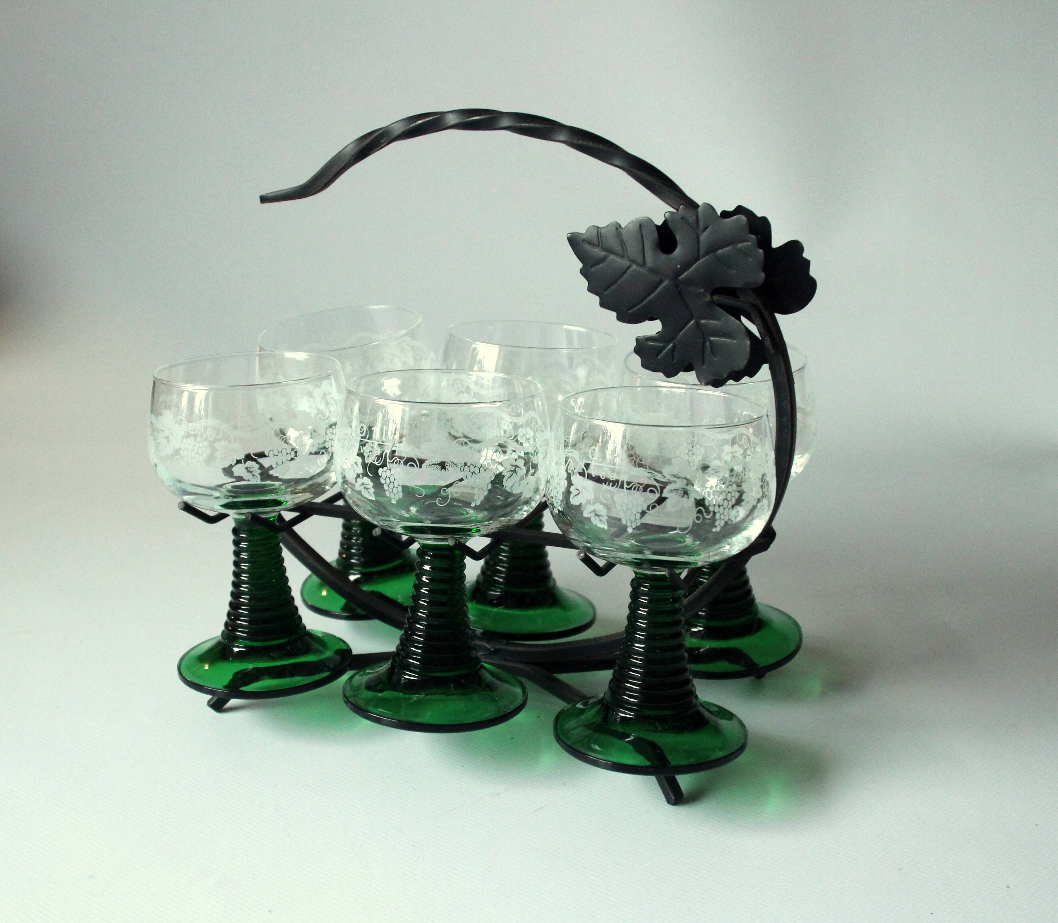 6 Roemer wine glasses with engraving on a handmade wrought iron stand, vintage