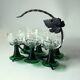 6 Roemer wine glasses with engraving on a handmade wrought iron stand, vintage