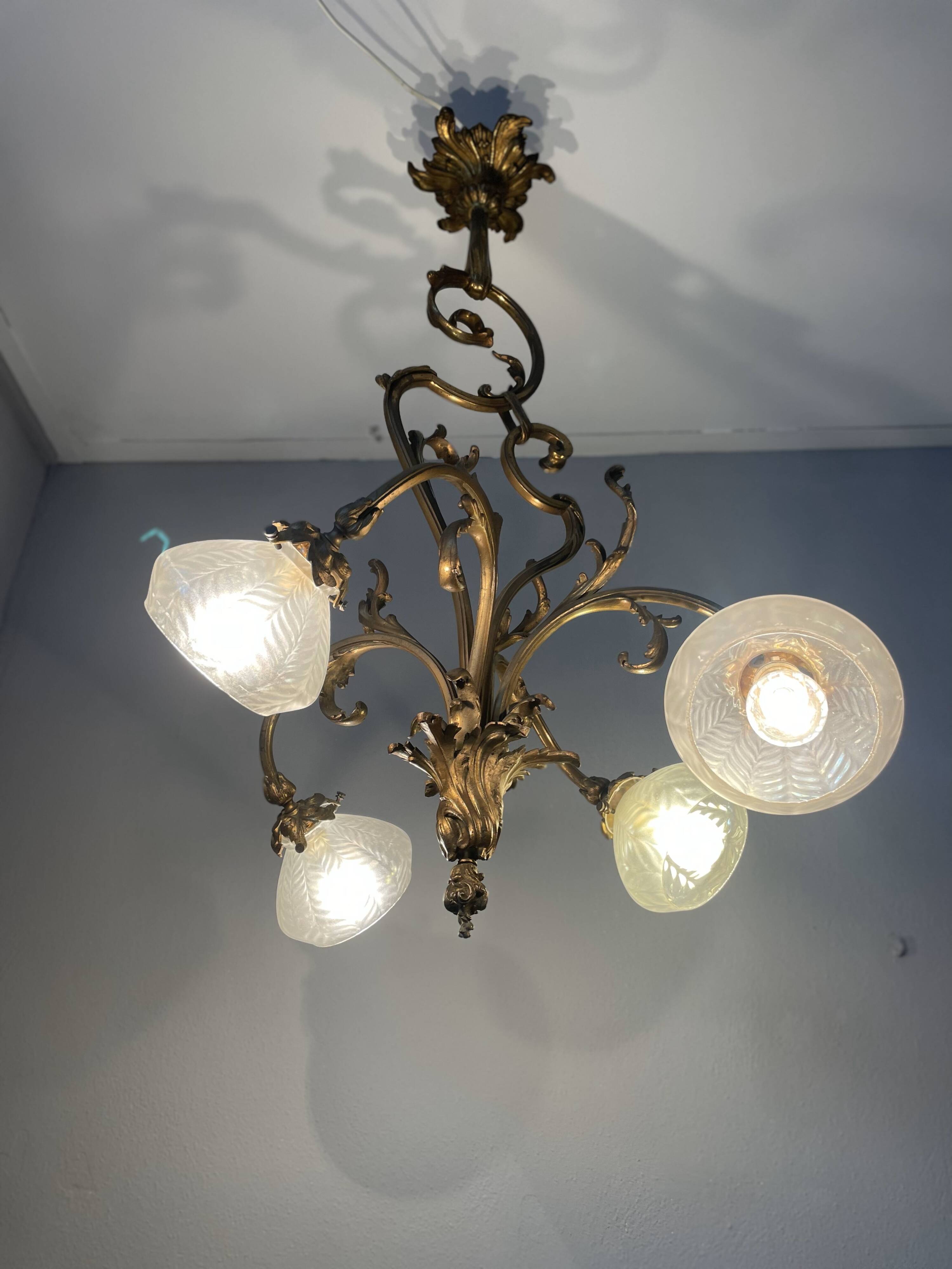 Jugendstil Golden Chandelier with Frosted Glass Shades