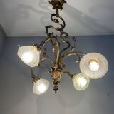 Jugendstil Golden Chandelier with Frosted Glass Shades