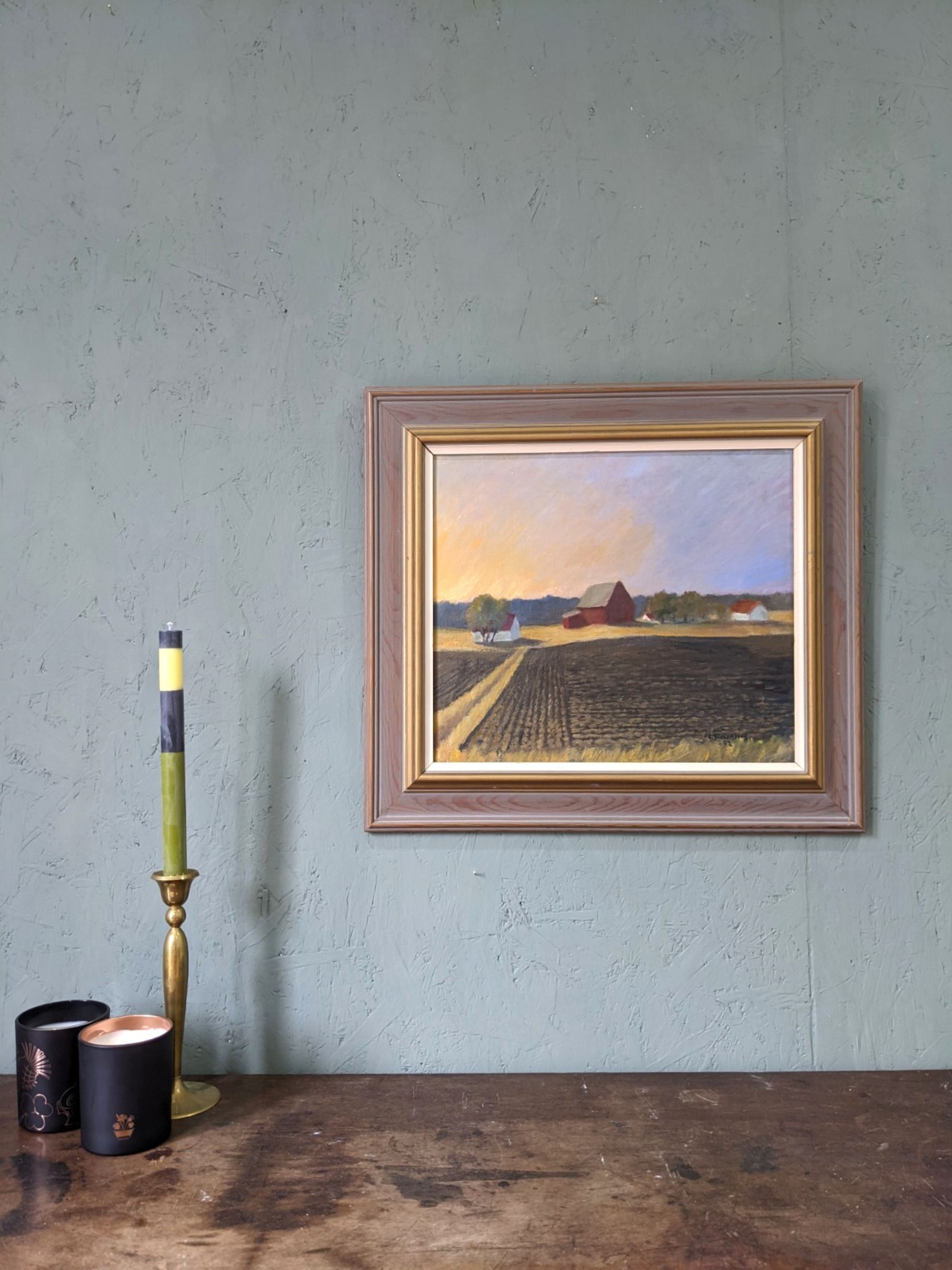 1992 Vintage Modernist Swedish "Sunset Fields" Rural Landscape Oil Painting, Framed