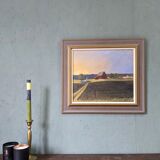 1992 Vintage Modernist Swedish "Sunset Fields" Rural Landscape Oil Painting, Framed