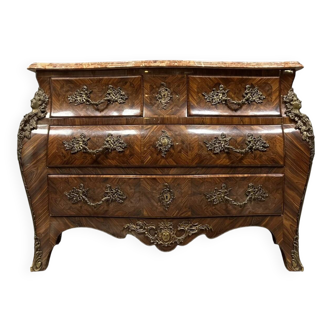 Louis XV style stamped tomb chest of drawers in marquetry