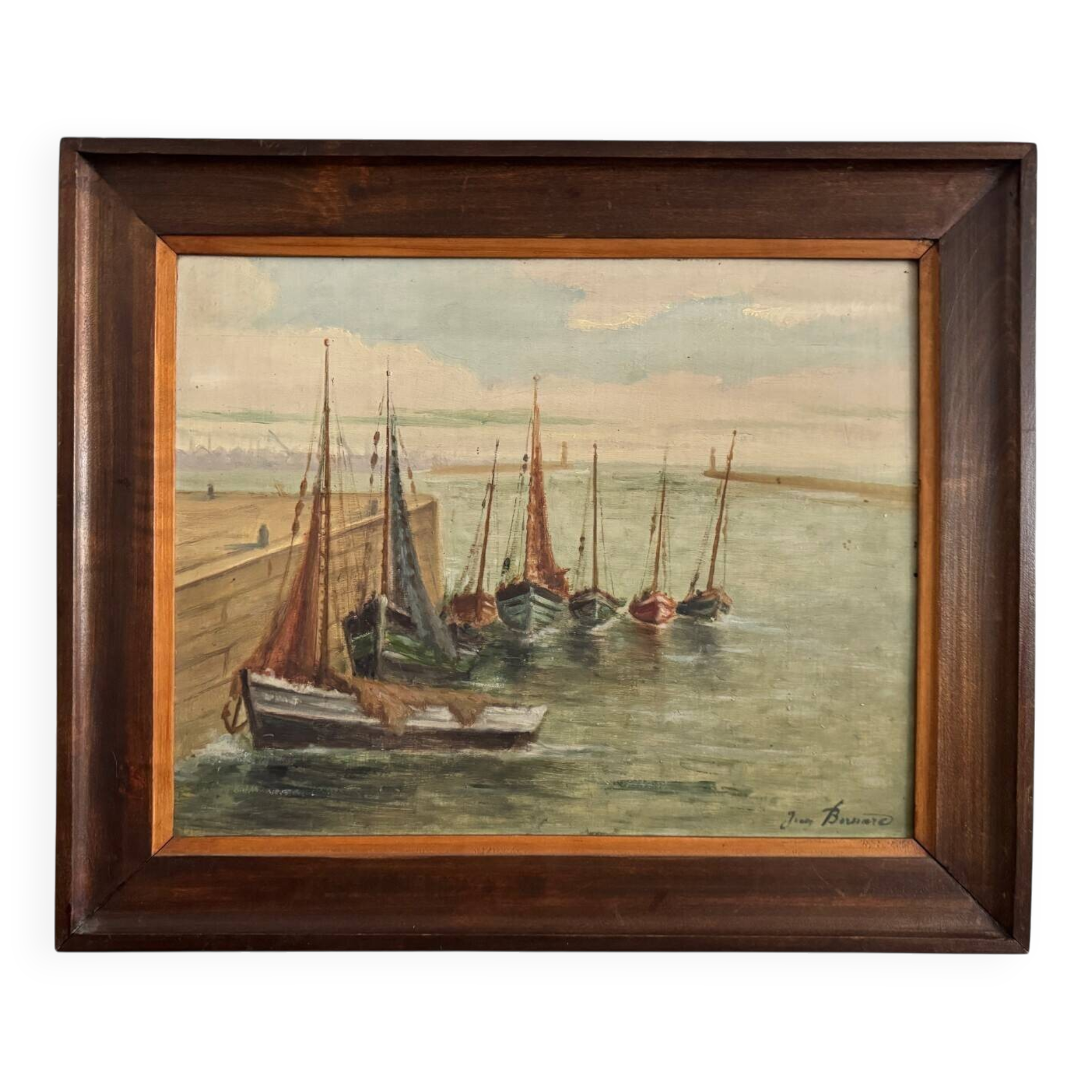 Oil on panel 20th century fishing boats by Jean Bernard Saint-Nazaire