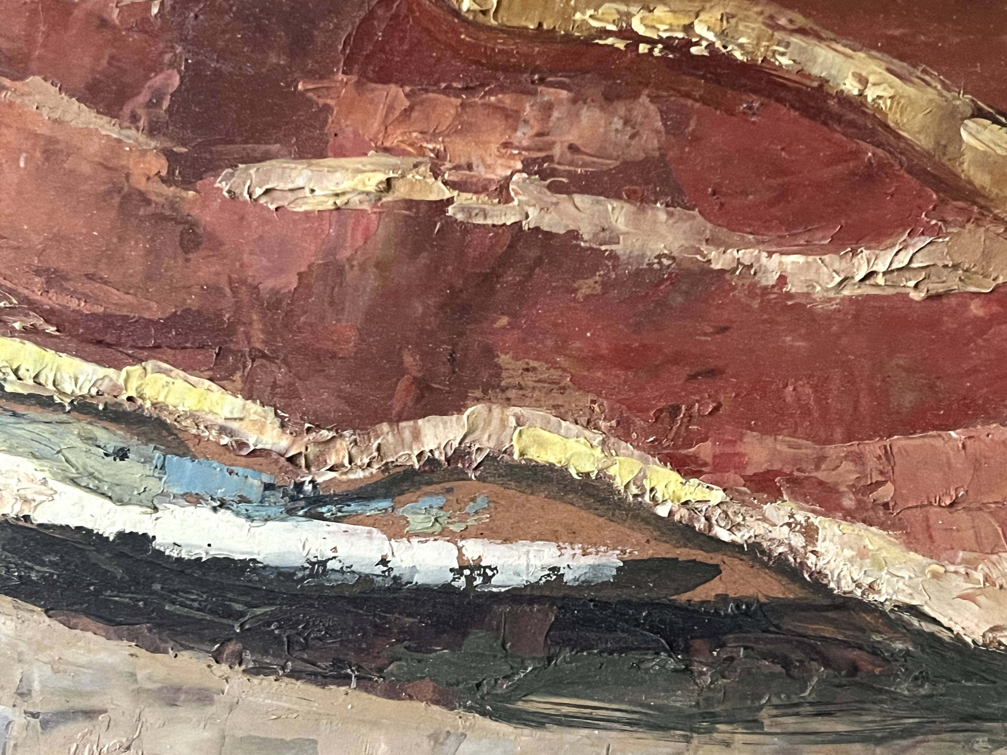 Oil on canvas still life with a baguette and sausage from the 1940s.