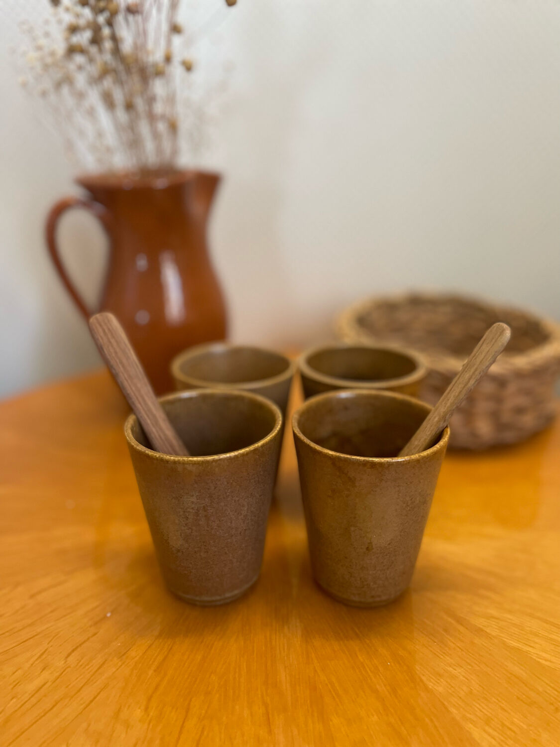 Set of 4 Digoin stoneware cups, glasses and wooden spoons