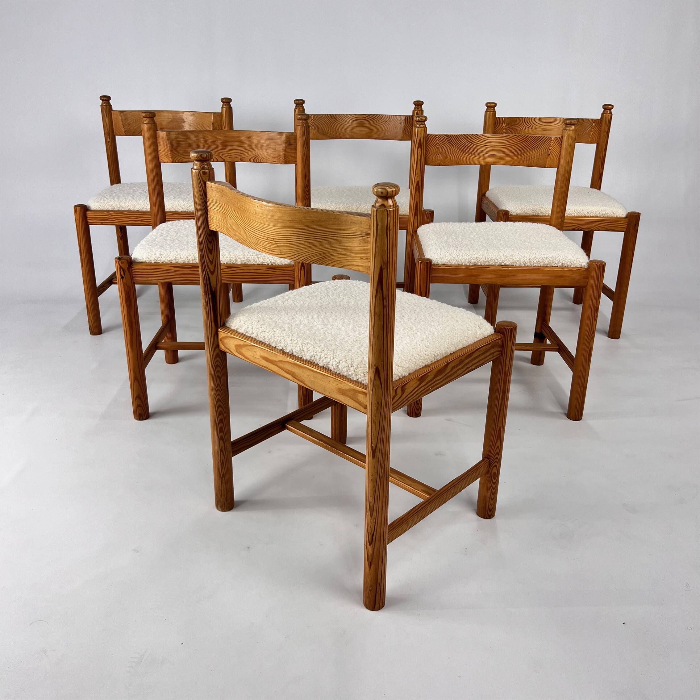 Set of 6 Pine and Boucle Rustic Dining Chairs, 1960s