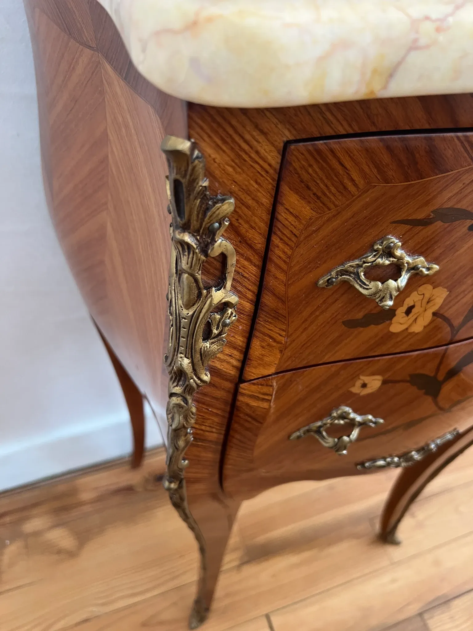 Vintage Marble Top Nightstand, Louis XV French Bedside Table