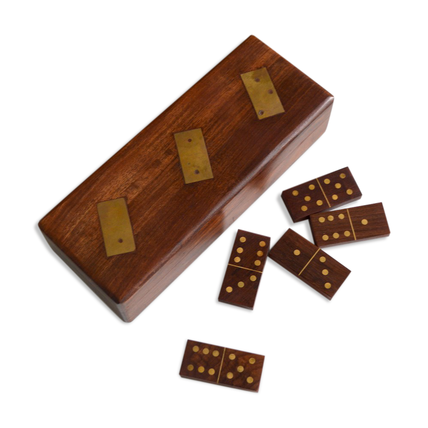 Box of brass and rosewood dominoes
