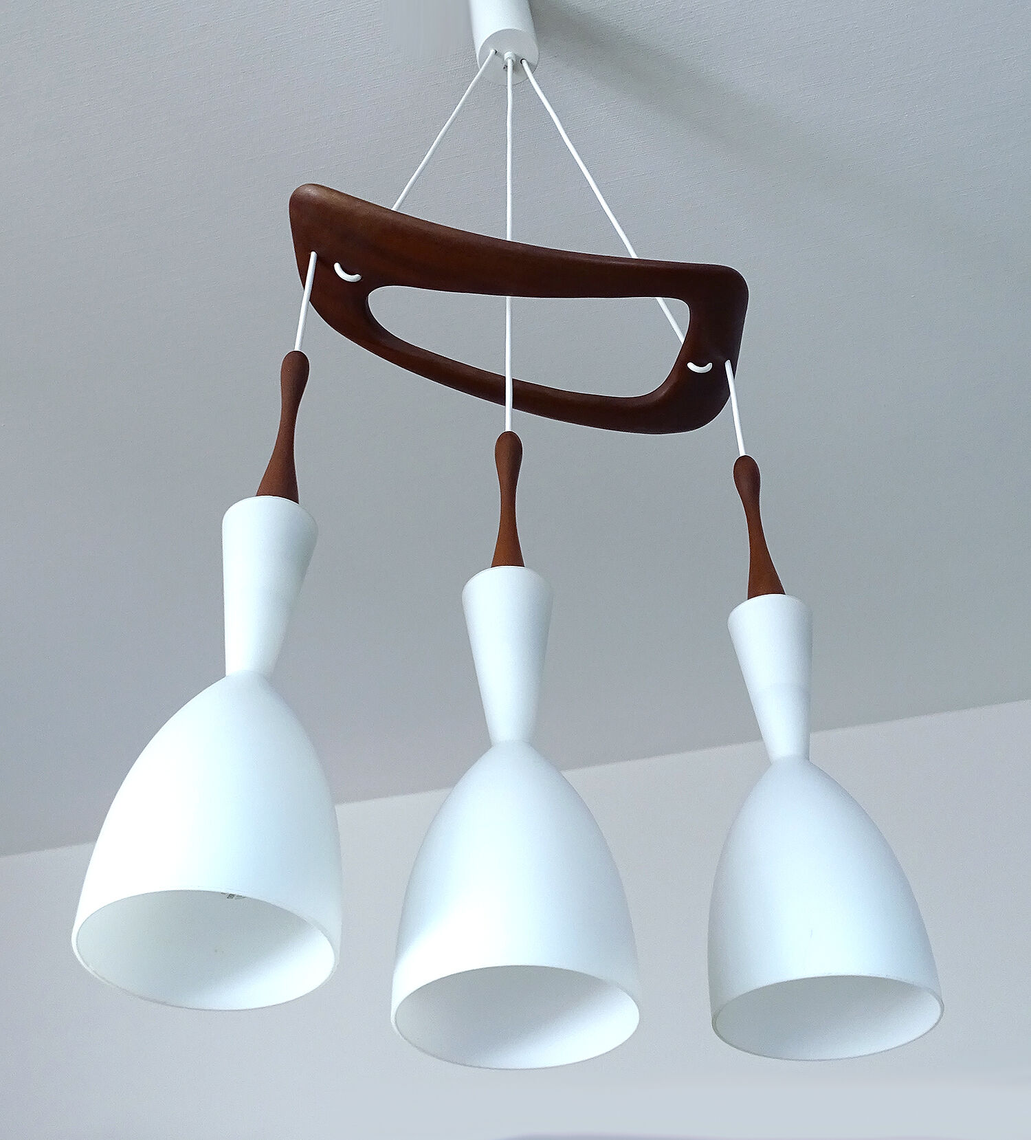 Scandinavian pendant lamp vintage, teak and opaline glasses, 50s
