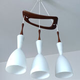 Scandinavian pendant lamp vintage, teak and opaline glasses, 50s