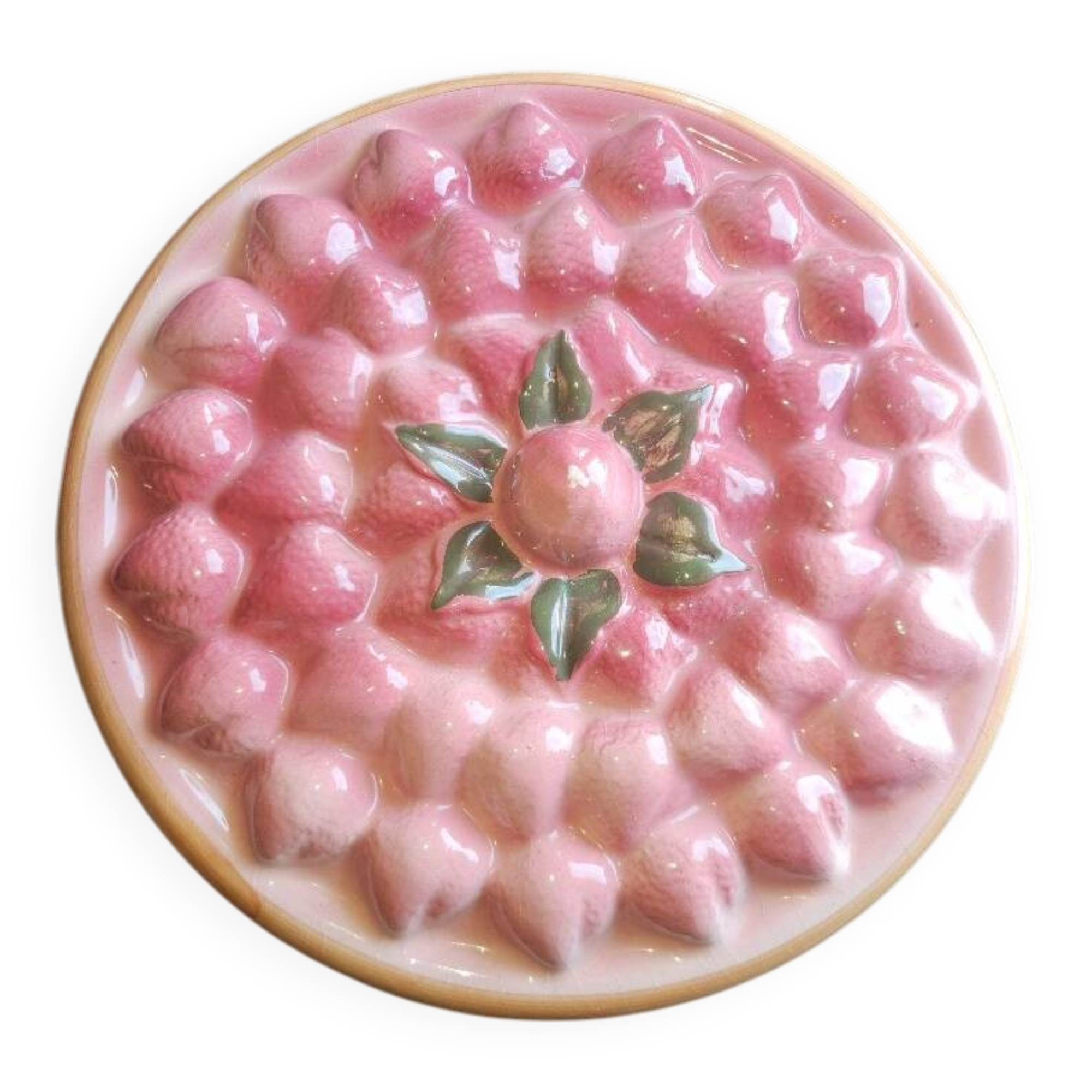 Glazed ceramic dessert plate with strawberry design.
