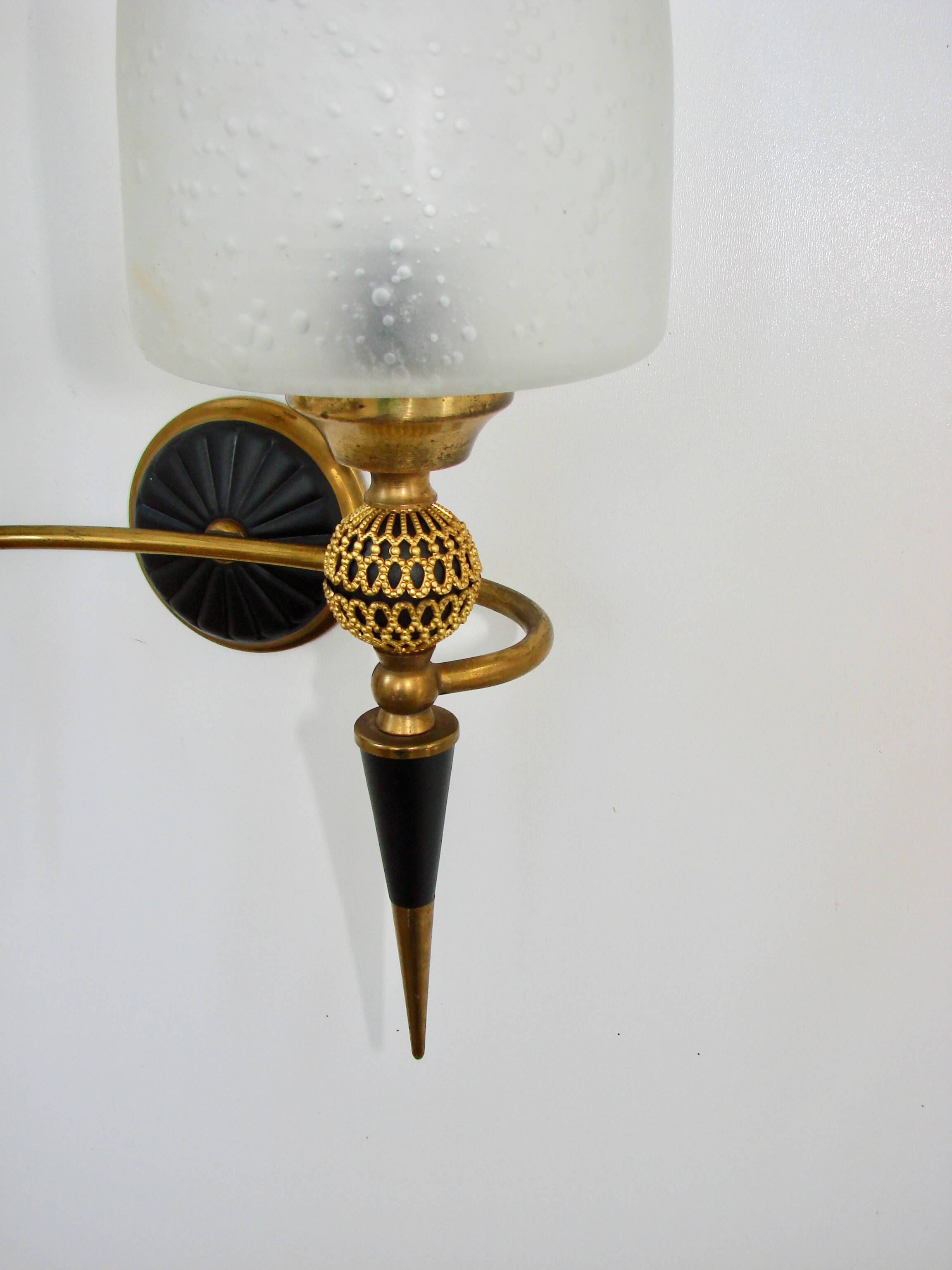 Mid-century brass wall lamp, 1950s, glass and brass, 2xE14