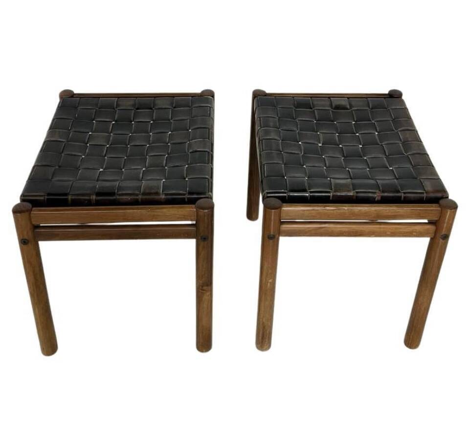 Pair of stools, leather and wood, 1960'