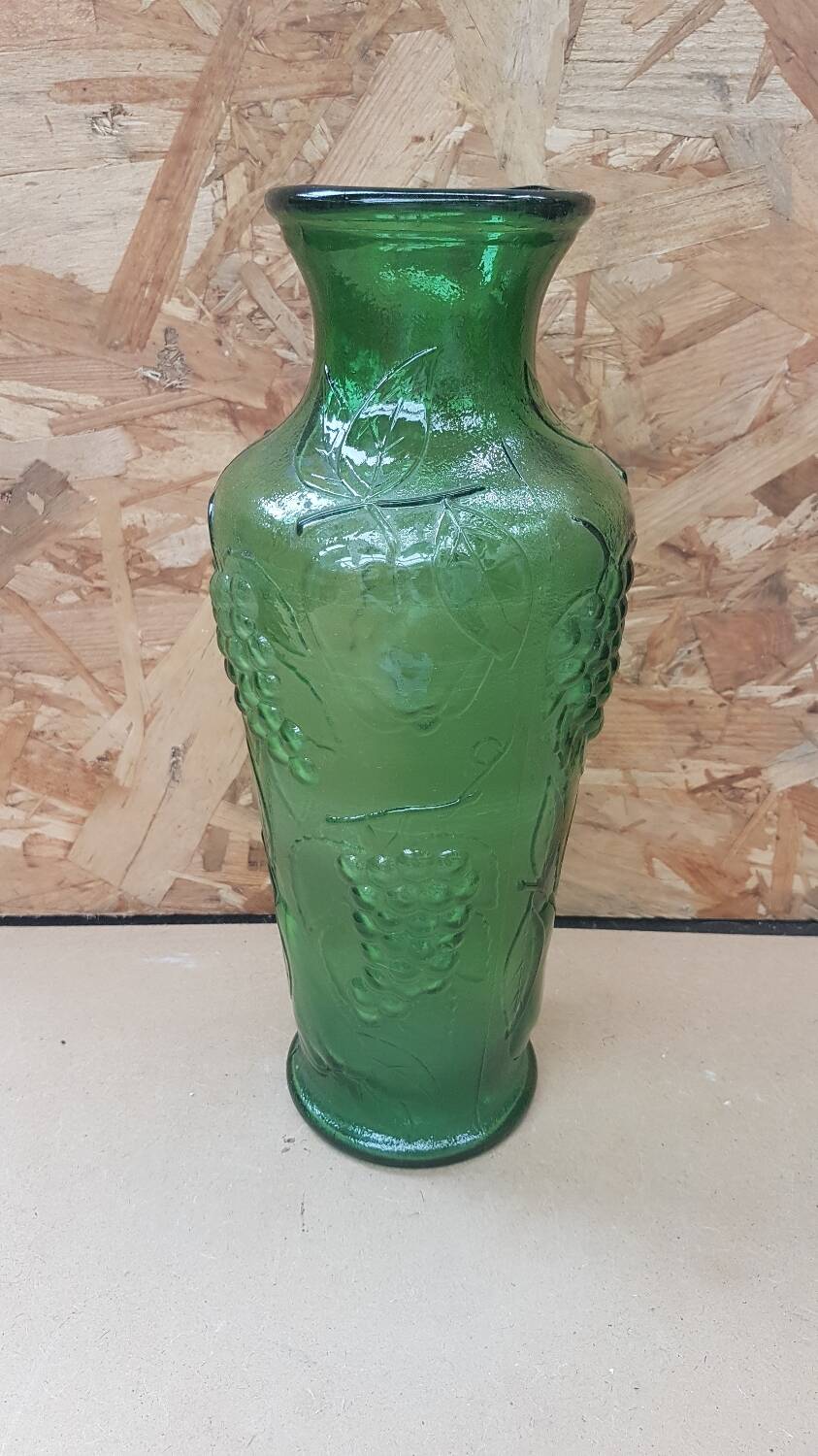 Old green molded glass vase vintage grape cluster decor