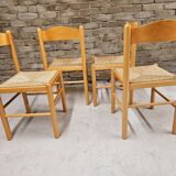 Set of 4 vintage pine and rush chairs