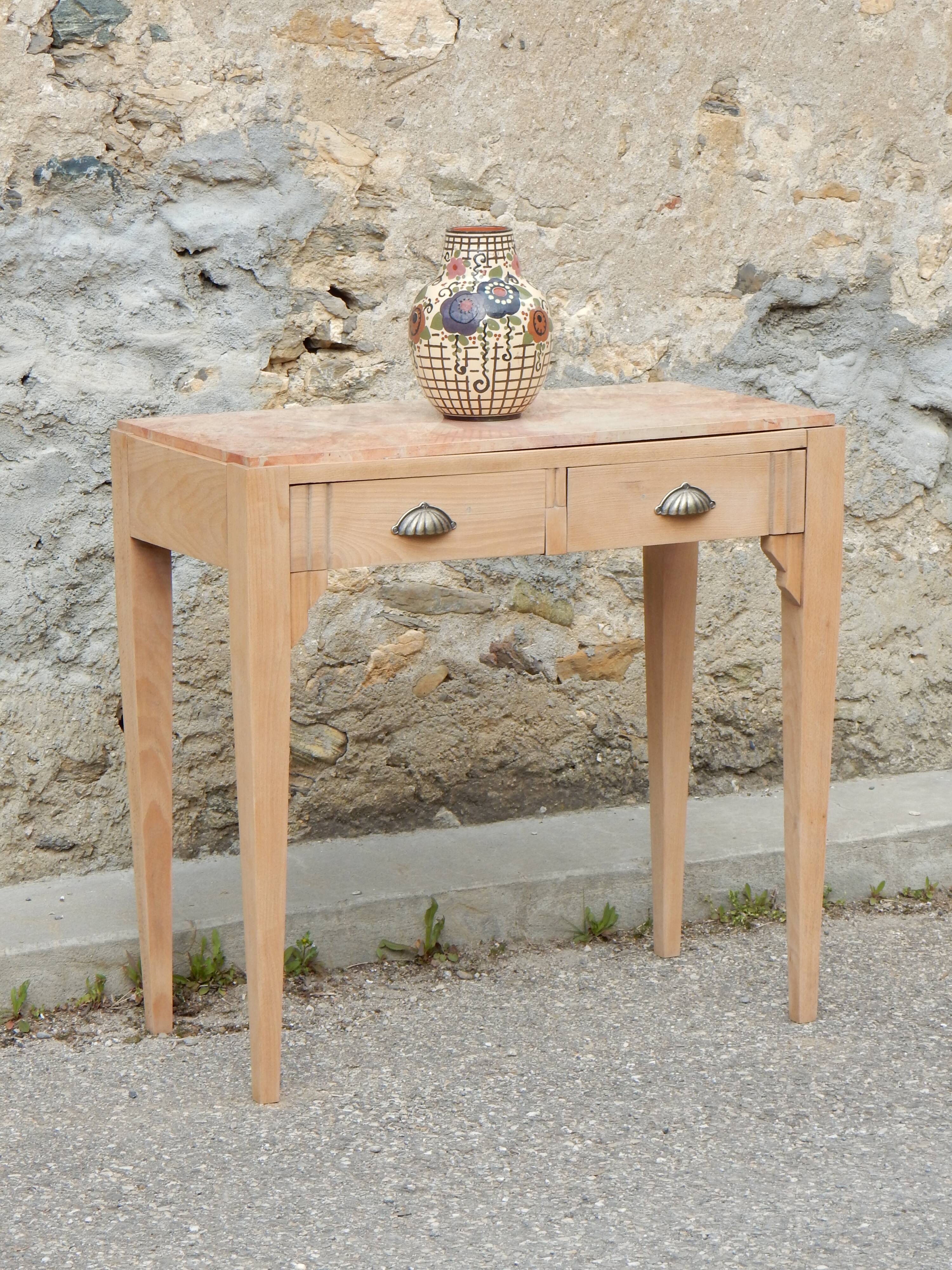 Ancienne console Art Déco - Hêtre et marbre rose - Table d'appoint