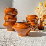 6 vintage ceramic lion head onion soup bowls in the Emile Henry style - honey and black, made in France - traditional elegance