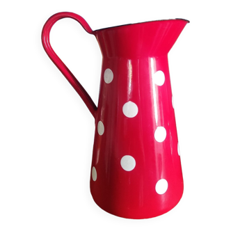 Red enameled pitcher with polka dots