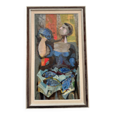 Grande huile sur toile suédoise originale - 'Poissonnier' par Bertil Wahlberg - Signée - Vintage et encadrée