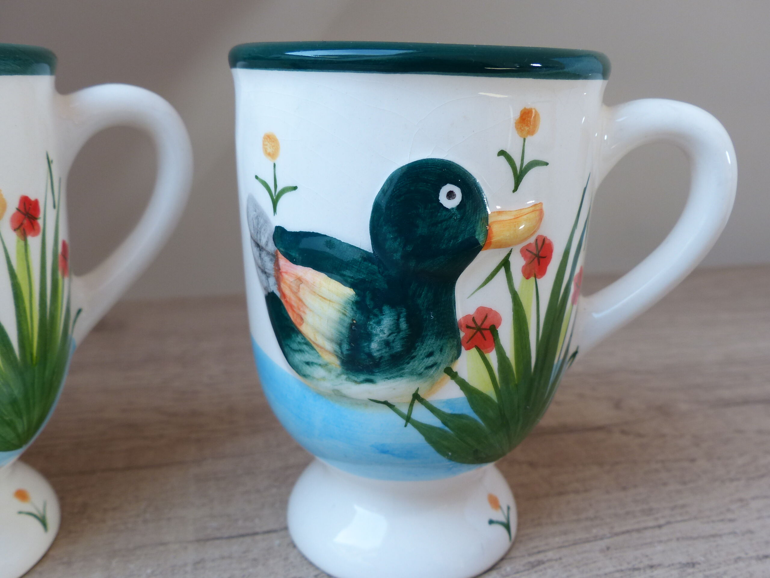 Sugar set and duo mugs, two ceramic cups decoration ducks birds green and yellow painted