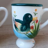 Sugar set and duo mugs, two ceramic cups decoration ducks birds green and yellow painted