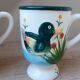 Sugar set and duo mugs, two ceramic cups decoration ducks birds green and yellow painted