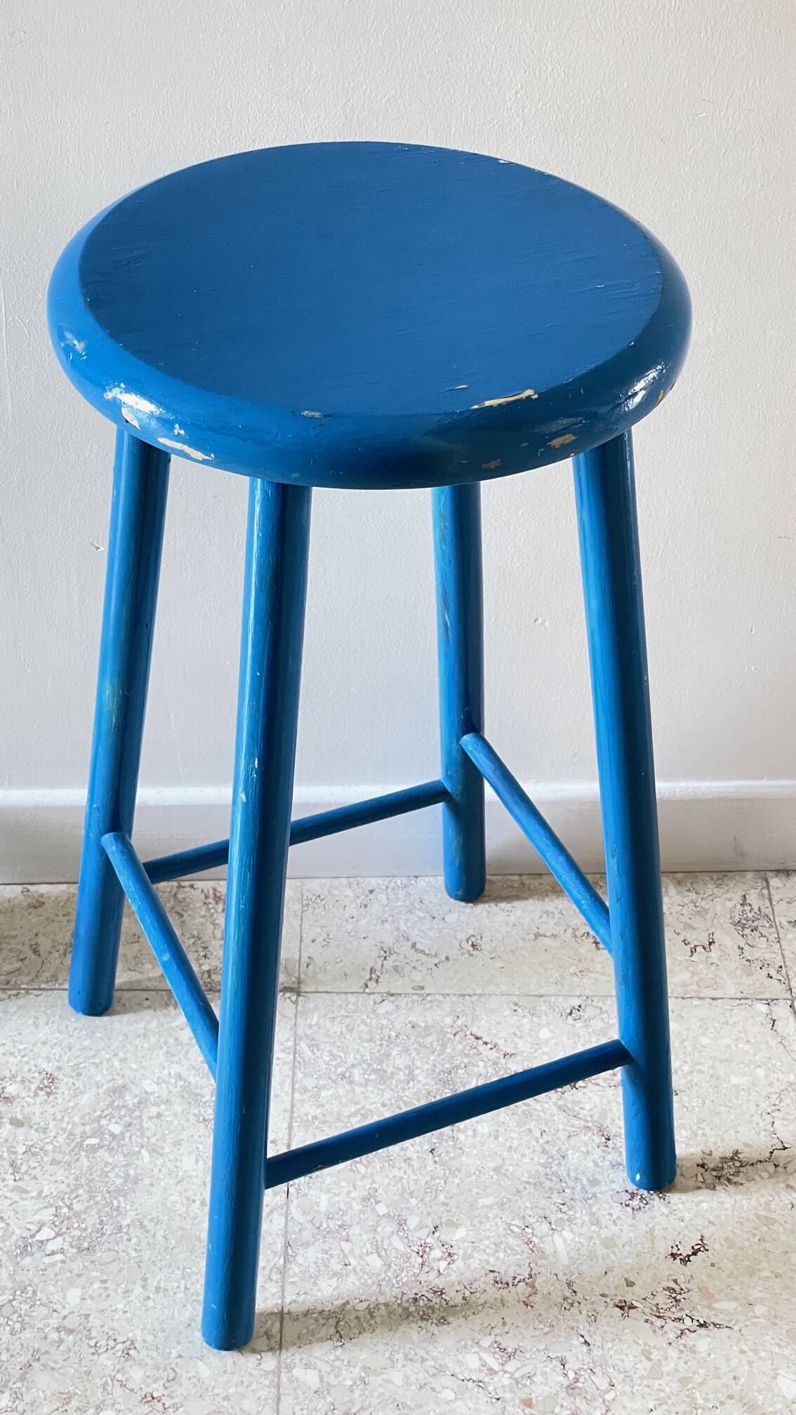 Vintage stool electric blue wood