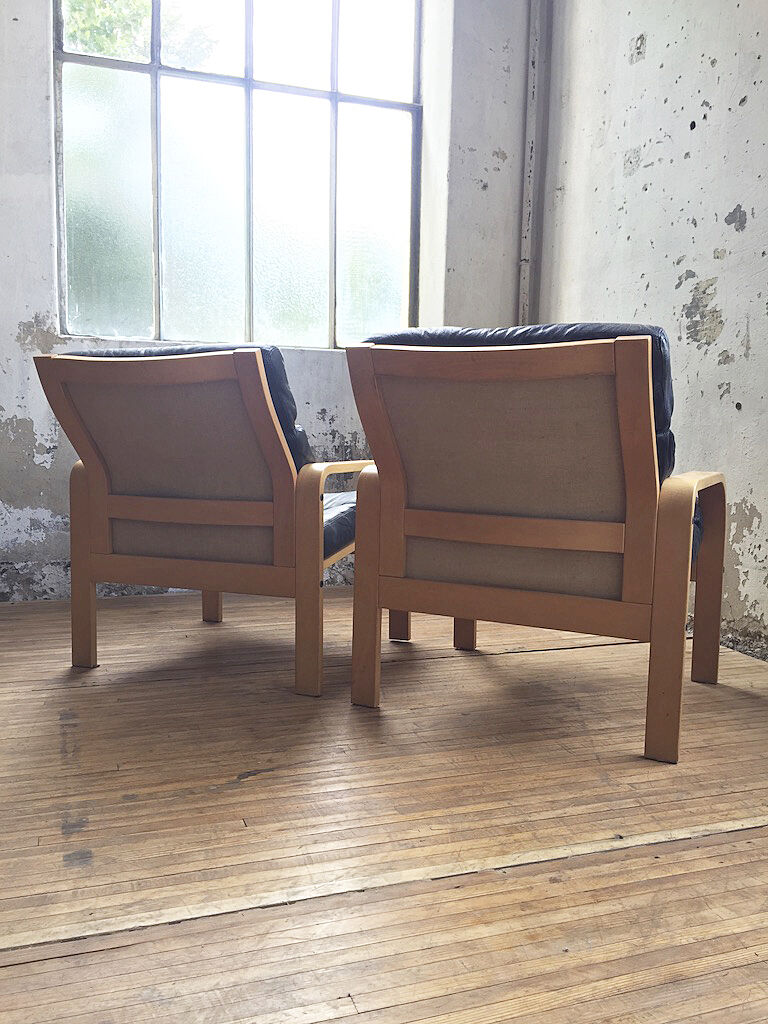 Danish sofa and armchairs curved wood and leather