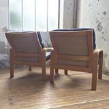 Danish sofa and armchairs curved wood and leather