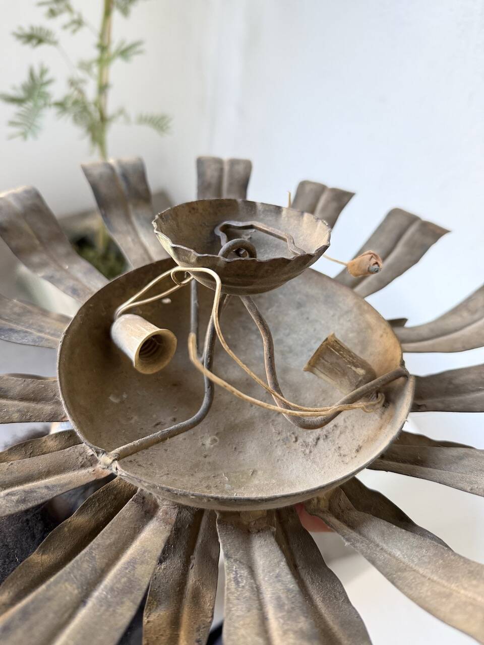 Ceiling or wall light with sun motif, brass, 1950s