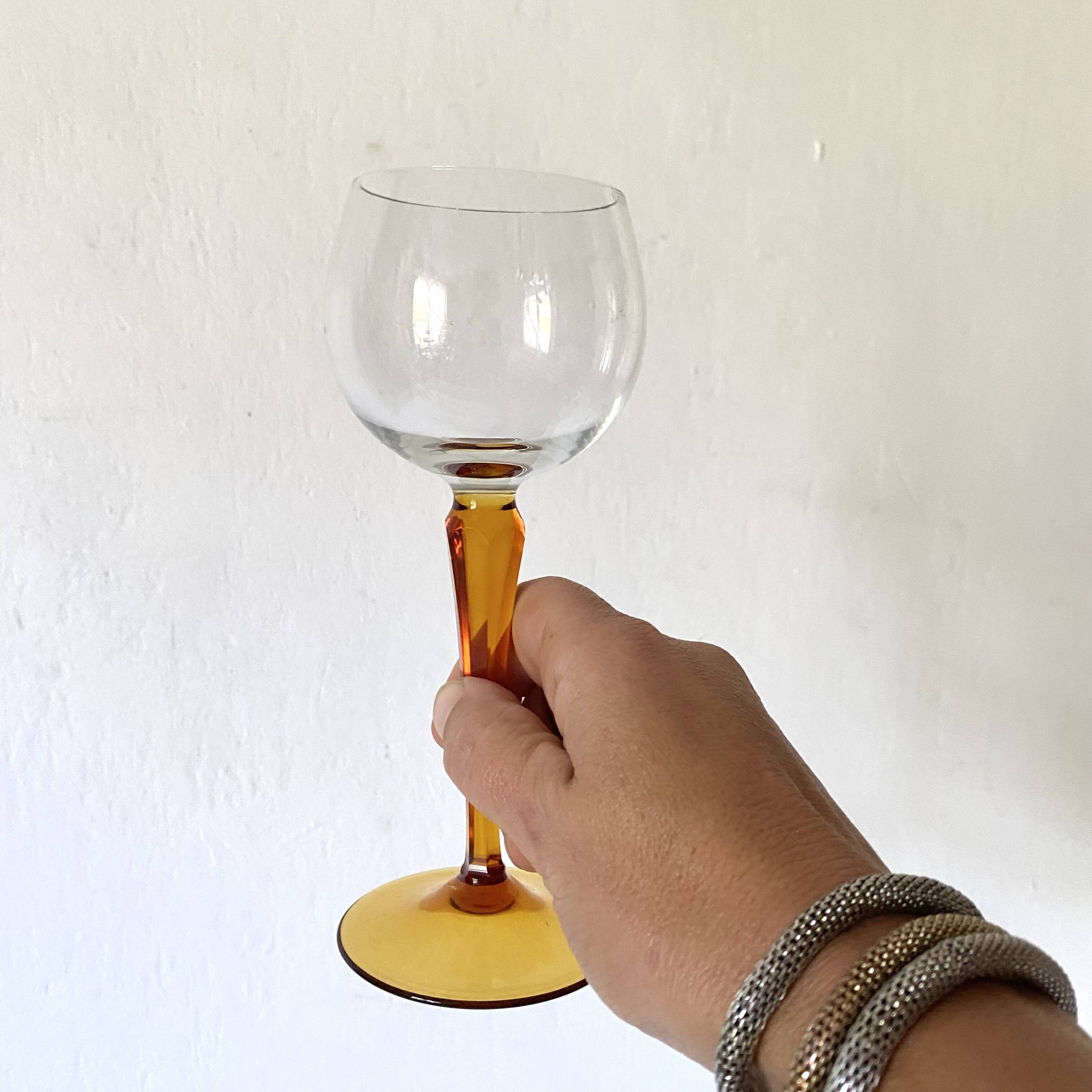Vintage stemmed glasses, green or amber stem