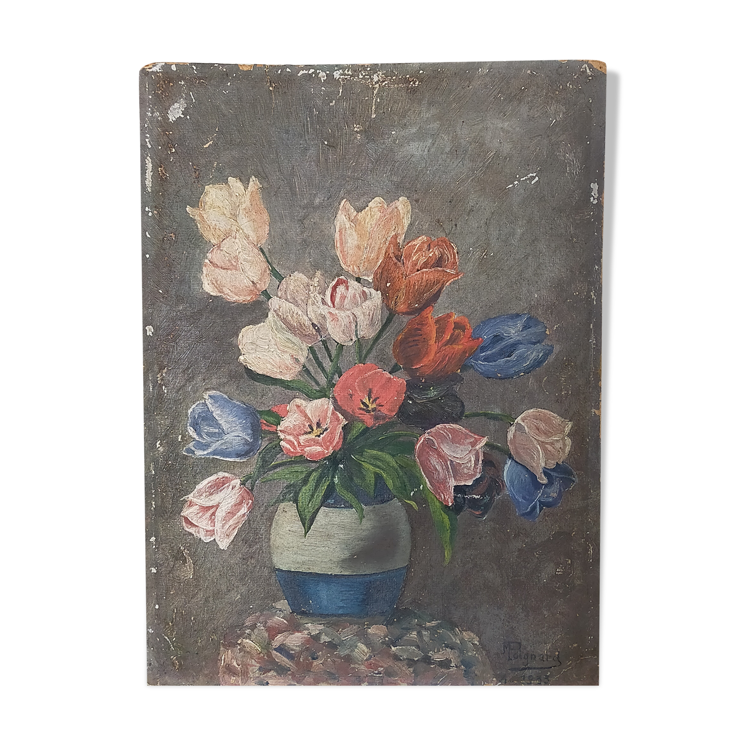 Table oil on cardboard the tulips hatched 30s