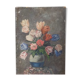 Tableau huile sur carton les tulipes écloses années 30