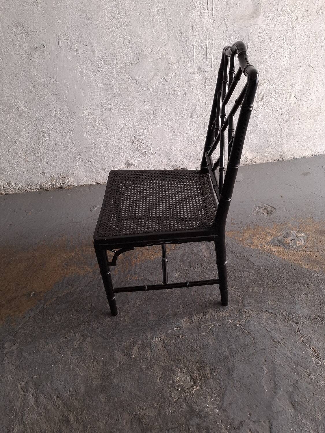 Black lacquered chair, faux bamboo, Chippendale, Jonathan Adler