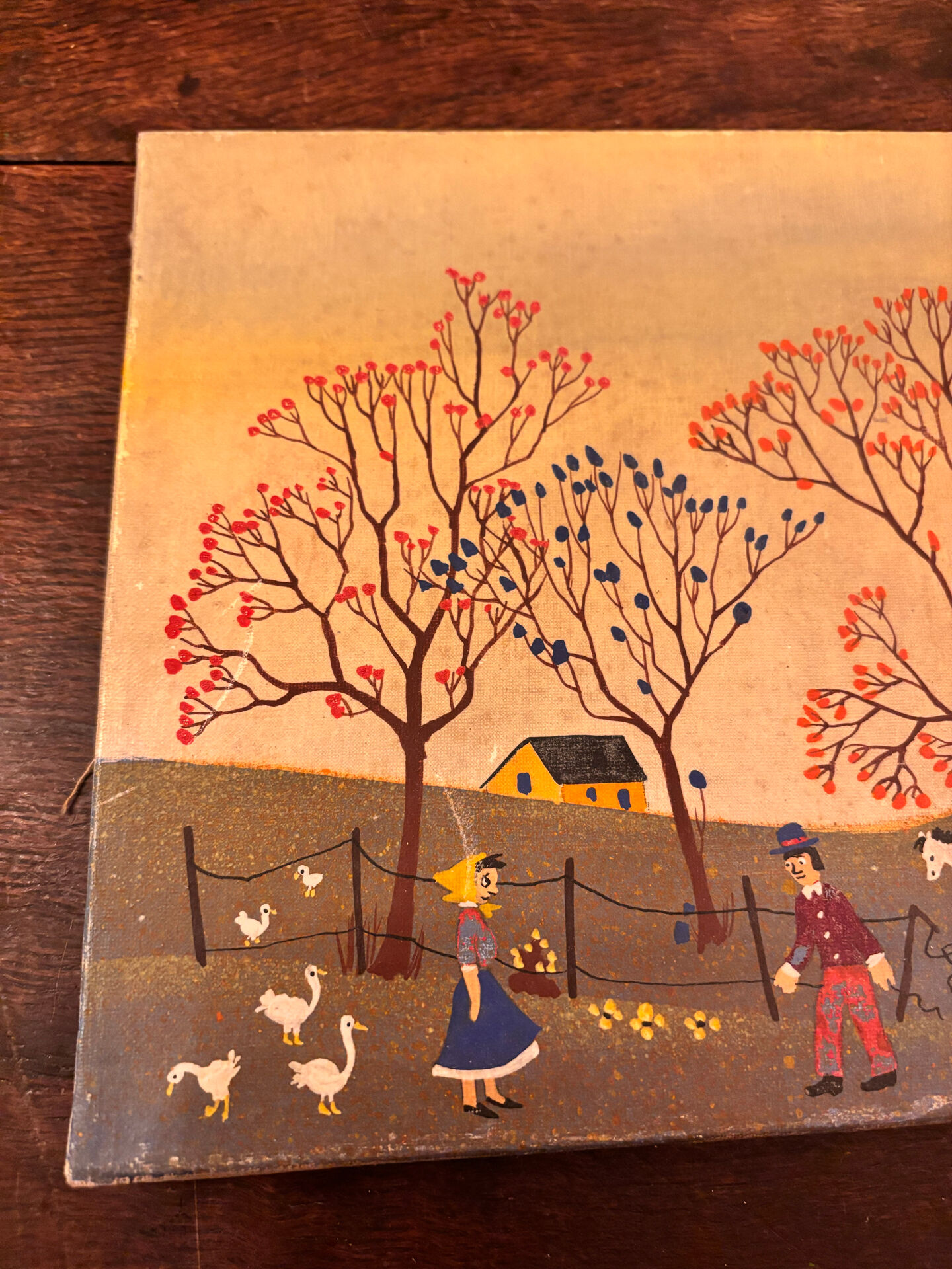 Tableau d'art naïf vintage - Scène champêtre. Art populaire