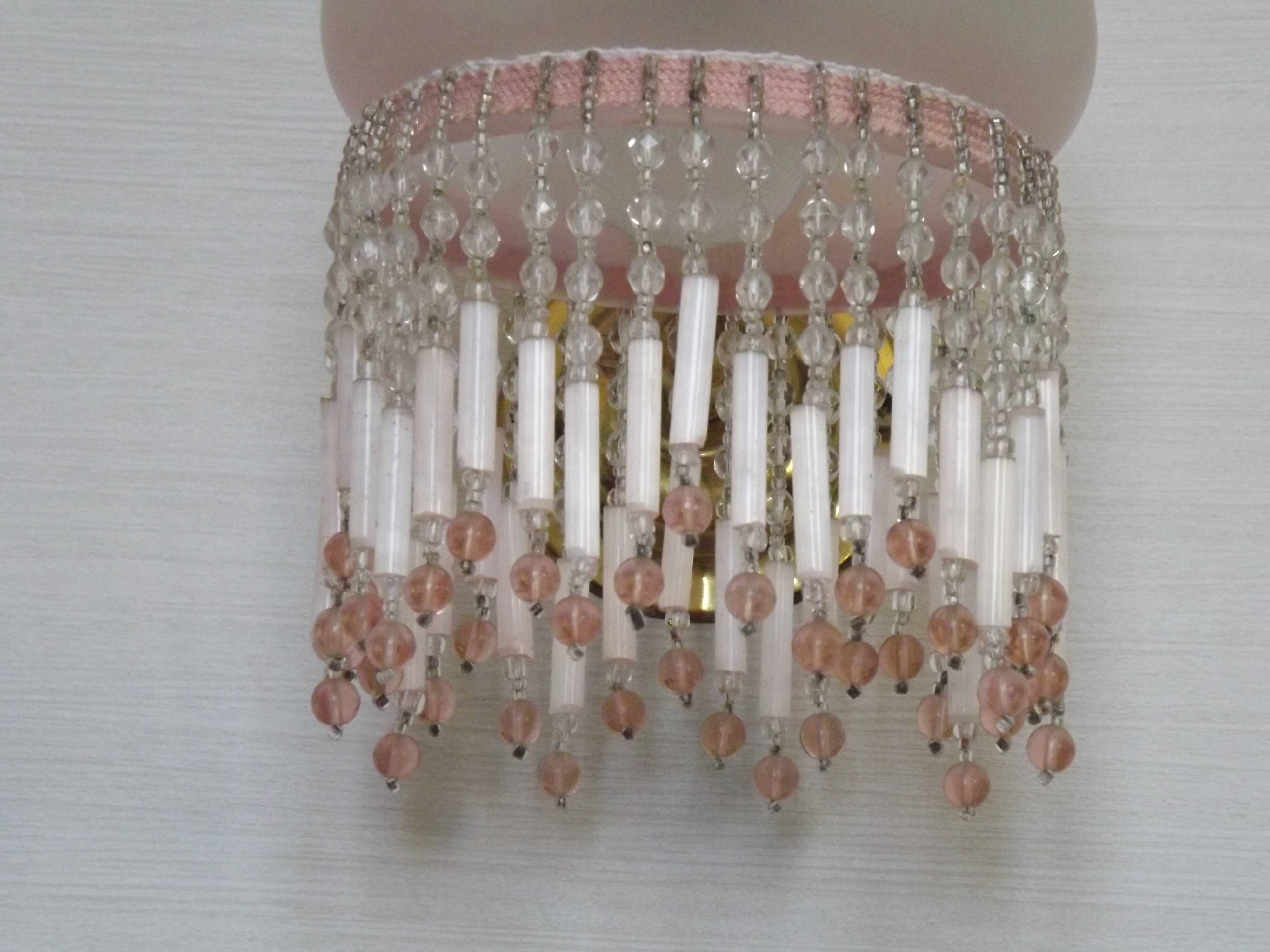 Pair of French Vintage Gold Wall Lights Pink Glass Beaded Fringe Shades